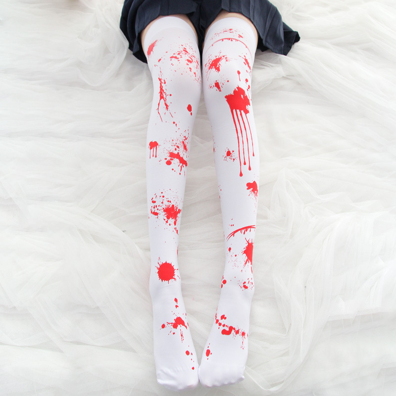 Velvet Beauty Legs Socks Halloween Terrorist Performance Equipment Blood Printing Knee Socks